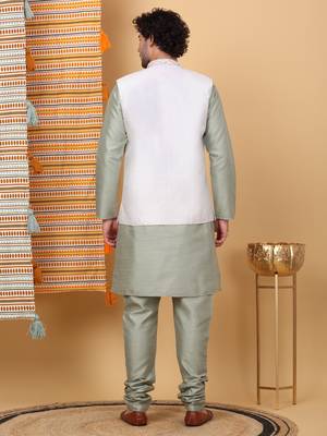 Silk blend olive green kurta and churidar with embroidered cream nehru jacket 3