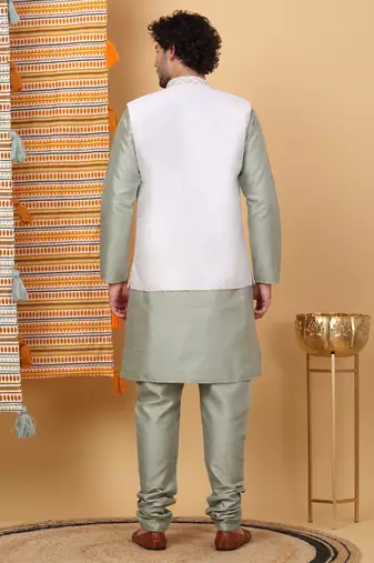 Silk blend olive green kurta and churidar with embroidered cream nehru jacket