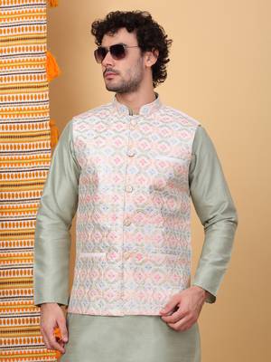 Silk blend olive green kurta and churidar with embroidered cream nehru jacket 4