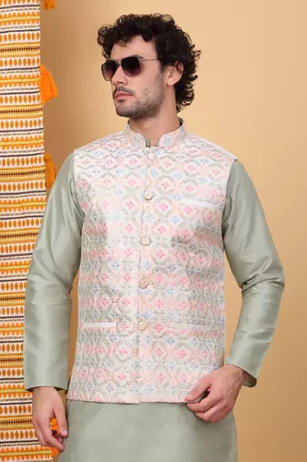 Silk blend olive green kurta and churidar with embroidered cream nehru jacket