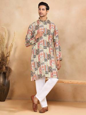Ethnic motif printed rayon yellow kurta and pyjama 1