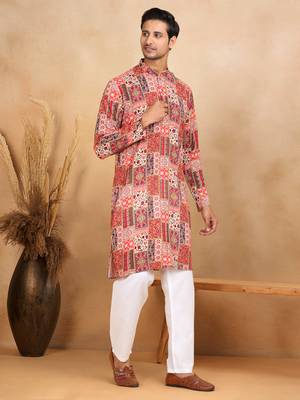 Ethnic motif printed rayon red kurta and pyjama 1