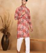 Ethnic motif printed rayon red kurta and pyjama
