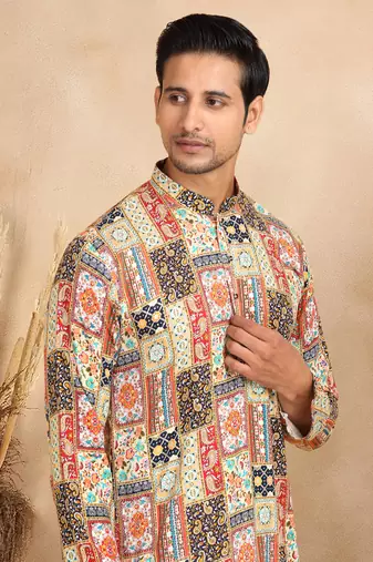 Ethnic motif printed rayon yellow kurta and pyjama