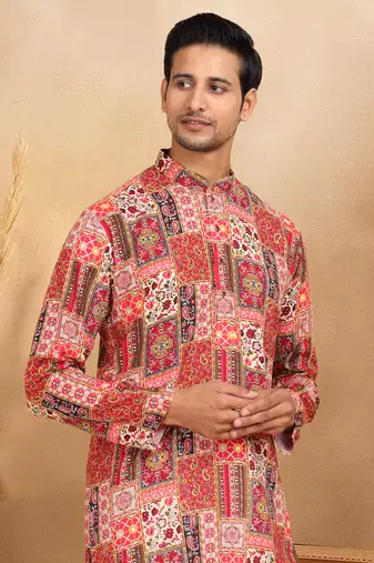 Ethnic motif printed rayon red kurta and pyjama