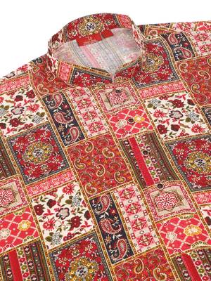 Ethnic motif printed rayon red kurta and pyjama 4