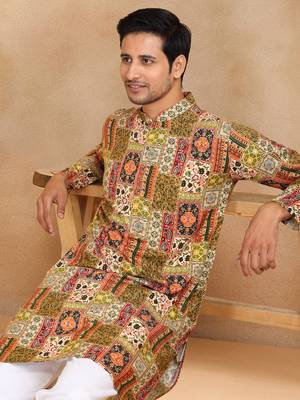 Ethnic motif printed rayon green kurta and pyjama 2