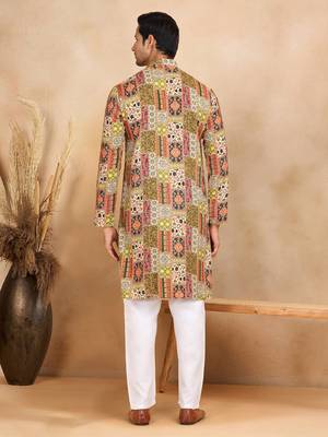 Ethnic motif printed rayon green kurta and pyjama 3