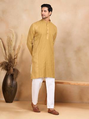 cotton zari striped mandarin collar mustard kurta pyjama set 1