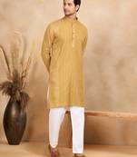 cotton zari striped mandarin collar mustard kurta pyjama set