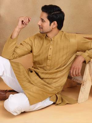 cotton zari striped mandarin collar mustard kurta pyjama set 2