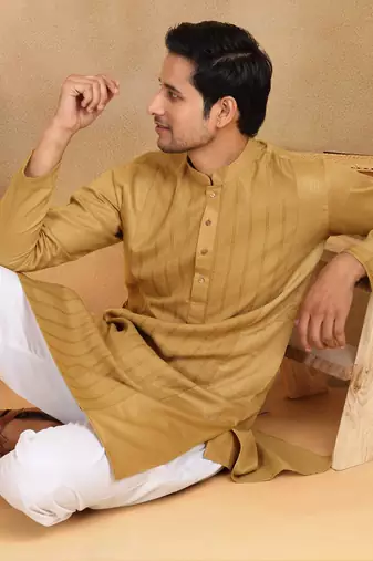 cotton zari striped mandarin collar mustard kurta pyjama set