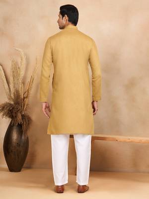 cotton zari striped mandarin collar mustard kurta pyjama set 3