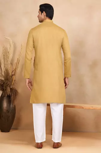 cotton zari striped mandarin collar mustard kurta pyjama set