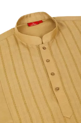cotton zari striped mandarin collar mustard kurta pyjama set