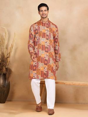 Ethnic motif printed rayon orange kurta and pyjama 1