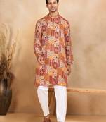 Ethnic motif printed rayon orange kurta and pyjama