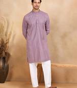 cotton zari striped mandarin collar mauve kurta pyjama set