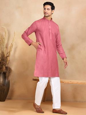 cotton zari striped mandarin collar maroon kurta pyjama set 1