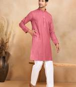 cotton zari striped mandarin collar maroon kurta pyjama set