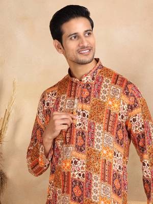 Ethnic motif printed rayon orange kurta and pyjama 2