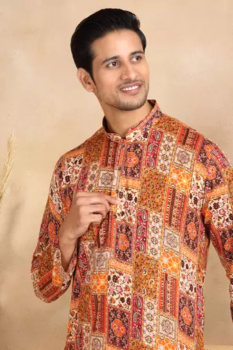 Ethnic motif printed rayon orange kurta and pyjama
