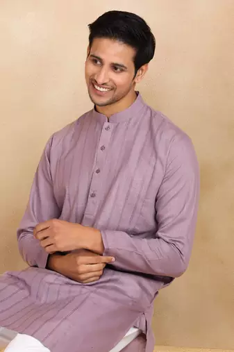 cotton zari striped mandarin collar mauve kurta pyjama set