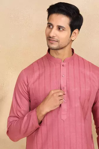 cotton zari striped mandarin collar maroon kurta pyjama set