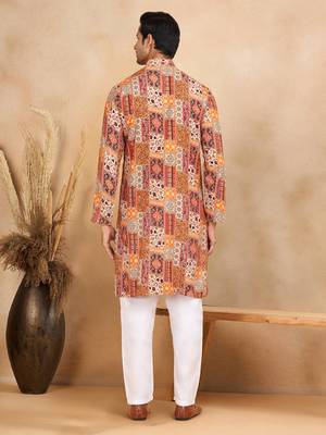Ethnic motif printed rayon orange kurta and pyjama 3