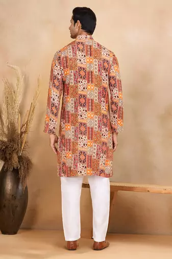 Ethnic motif printed rayon orange kurta and pyjama
