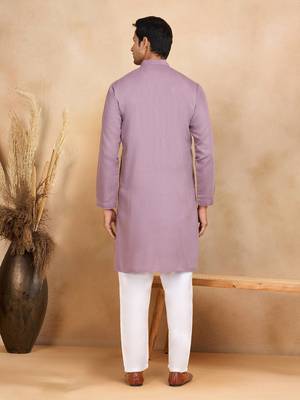 cotton zari striped mandarin collar mauve kurta pyjama set 3