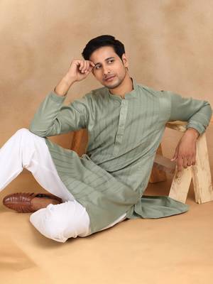 cotton zari striped mandarin collar green kurta pyjama set 1