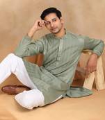 cotton zari striped mandarin collar green kurta pyjama set