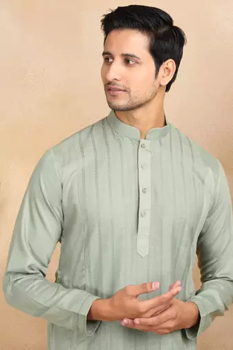 cotton zari striped mandarin collar green kurta pyjama set