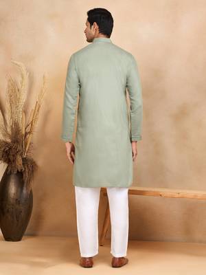 cotton zari striped mandarin collar green kurta pyjama set 3