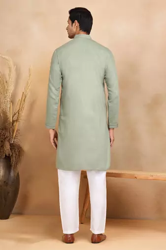 cotton zari striped mandarin collar green kurta pyjama set