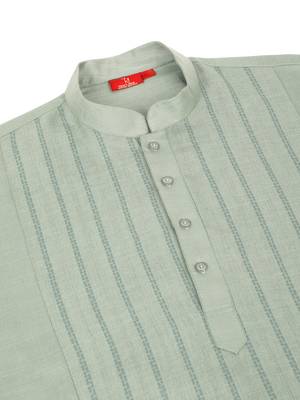 cotton zari striped mandarin collar green kurta pyjama set 4