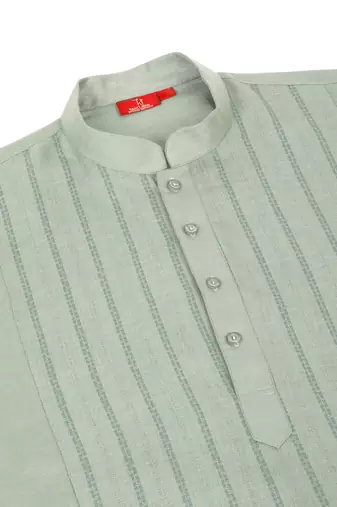 cotton zari striped mandarin collar green kurta pyjama set
