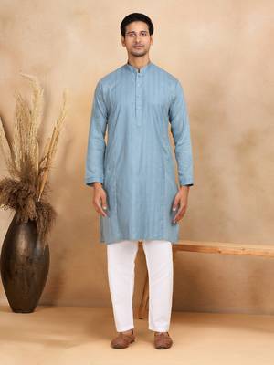 cotton zari striped mandarin collar blue kurta and pyjama 1