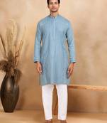 cotton zari striped mandarin collar blue kurta and pyjama