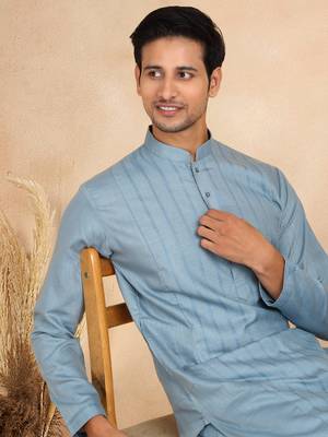 cotton zari striped mandarin collar blue kurta and pyjama 2