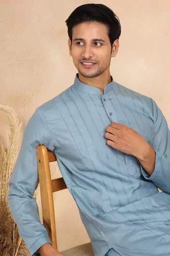 cotton zari striped mandarin collar blue kurta and pyjama