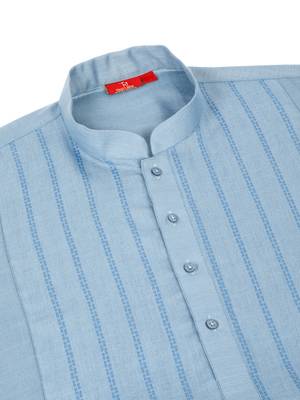 cotton zari striped mandarin collar blue kurta and pyjama 4