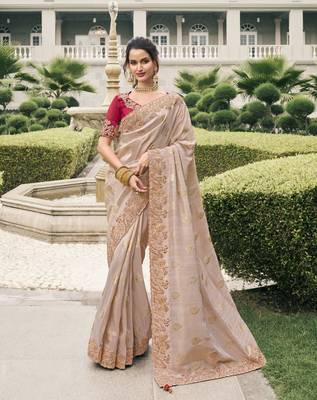 Designer Banarsi Silk With Zari Butti And Heavy Thread Sequence Work Border & Tessles 1