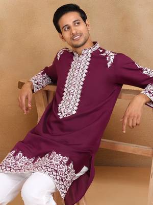 Ethnic embroidered mandarin collor cotton silk wine kurta with trouser 1