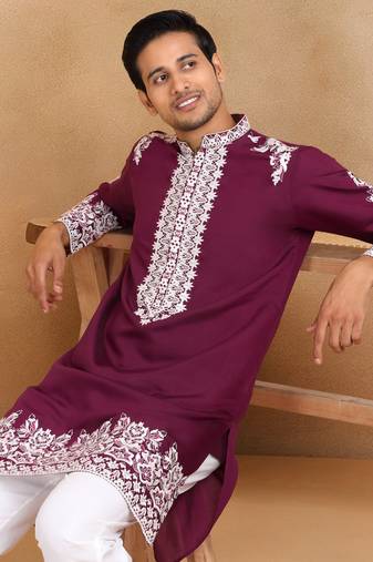 Ethnic embroidered mandarin collor cotton silk wine kurta with trouser