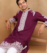 Ethnic embroidered mandarin collor cotton silk wine kurta with trouser