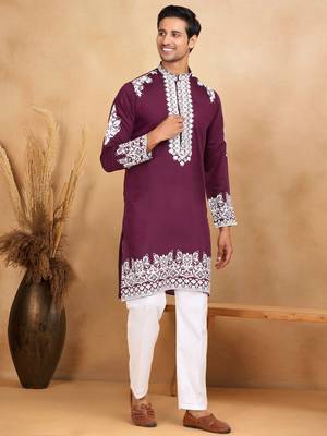 Ethnic embroidered mandarin collor cotton silk wine kurta with trouser 2