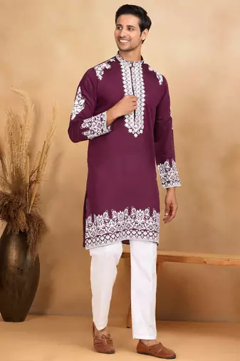 Ethnic embroidered mandarin collor cotton silk wine kurta with trouser