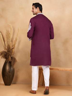 Ethnic embroidered mandarin collor cotton silk wine kurta with trouser 3
